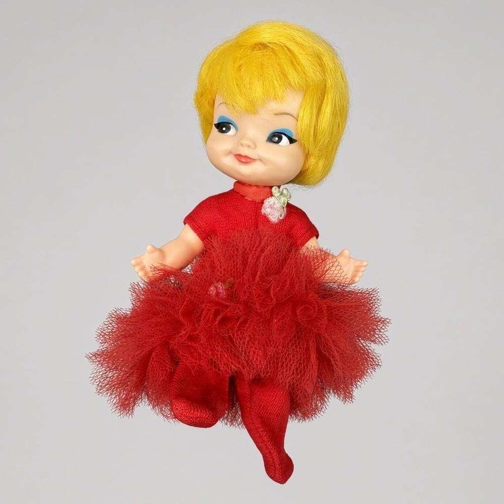 Vintage 1969 Remco Pocketbook Doll Yellow Hair Red Tutu Dress 4 Inch Hong Kong